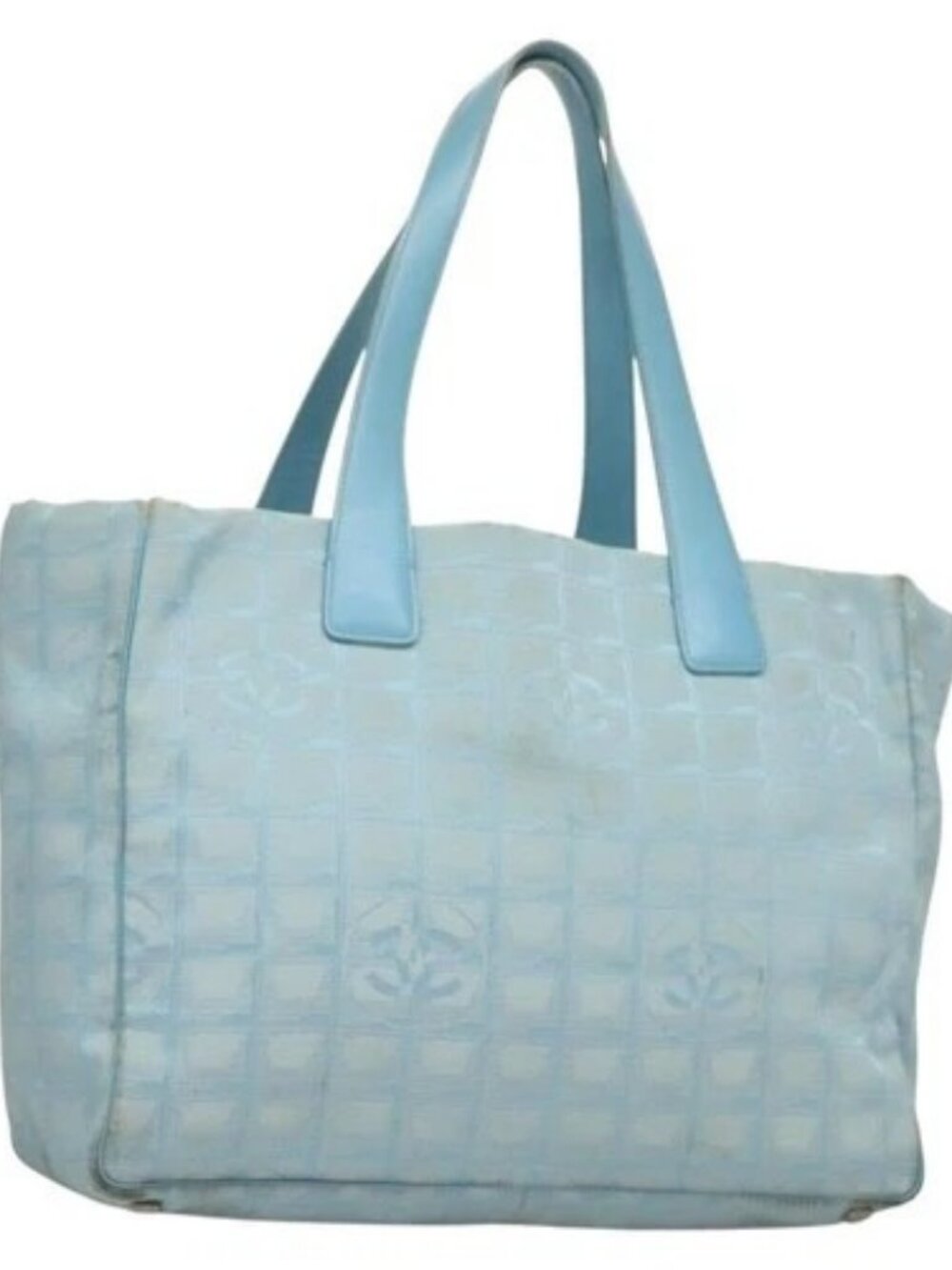 CHANEL New Travel line Tote Bag Light Blue Silver CC Auth 129655